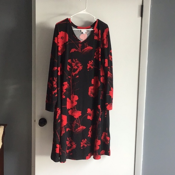 LuLaRoe Dresses & Skirts - Lularoe Emily swing dress with pockets, red and black, XL, only worn once.